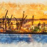 Gemälde von Hamburg, digitale Kunstwerke, Draußen, Feuer, Gewässer, Hafen, Himmel, Natur, Romantisch, Silhouette, Sonnenuntergang, Stadt, Wasser