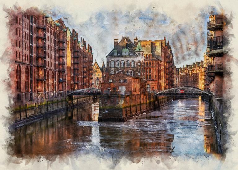 Gemalte Hamburg Bilder online kaufen, Architektur, Draußen, Fluss, Gebäude, Gewässer, HDR (extrem), Kontrastreich, Natur, Stadt, Wasser, stadt