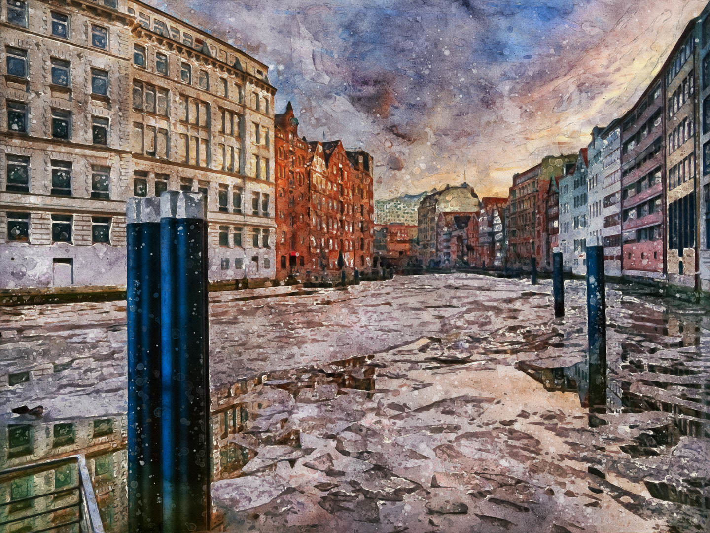 gemalte Hamburg Bilder, Architektur, Draußen, Gebäude, HDR (extrem), Haus, Natur, Stadt, Straße, Verlassener Ort, Winter, grau, schnee, schwarz, stadt